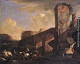 Bridge Canvas Paintings - Italianate Landscape with a River and an Arched Bridge